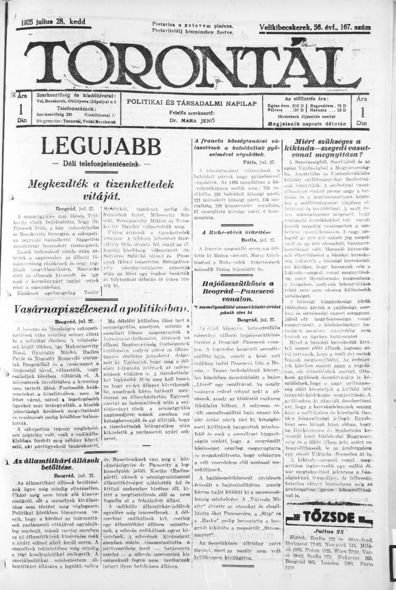 Torontál, 54. évf. 1925. július 28. 167. sz.