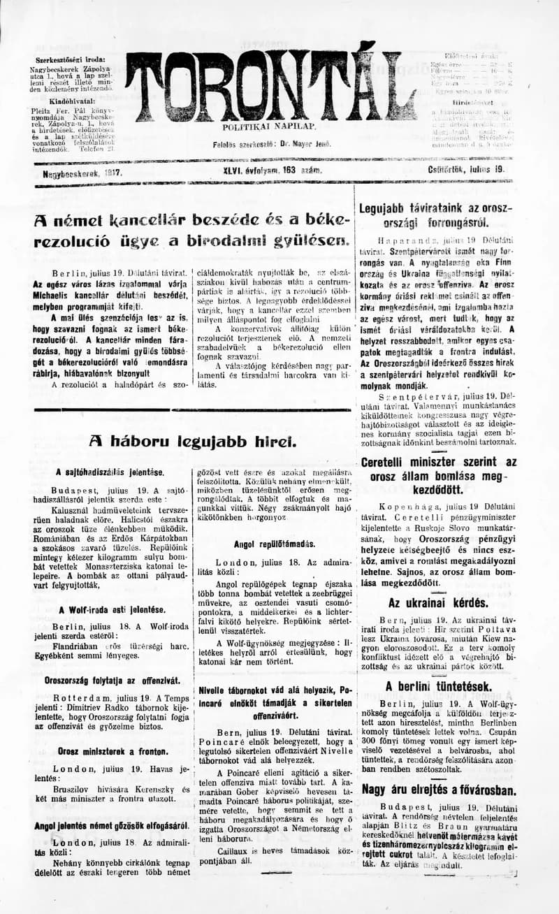 Torontál, 46. évf. 1917. július 19. 163. sz.