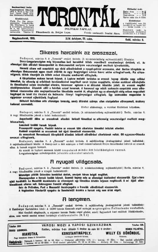 Torontál, 44. évf. 1915. március 9. 55. sz.