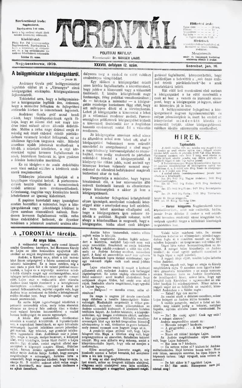 Torontál, 38. évf. 1909. január 16. 12. sz.