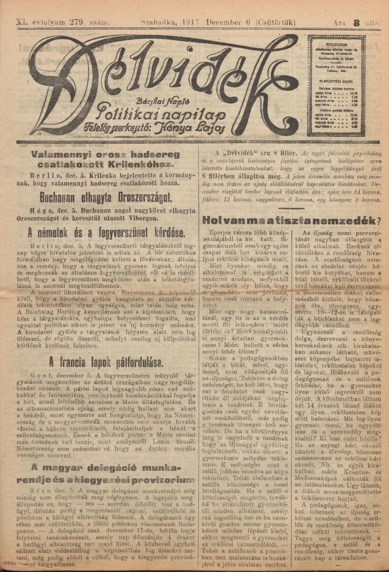 Délvidék, 11. évf. 1917. december 6. 279. sz.