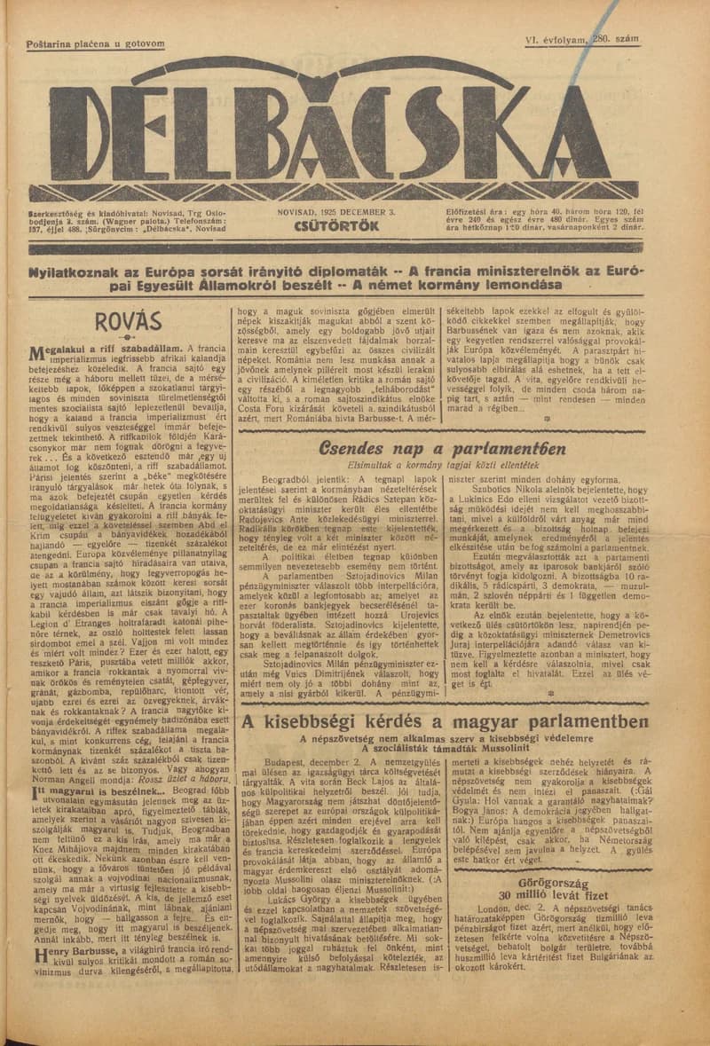 Délbácska, 6. évf. 1925. december 3. 280. sz.