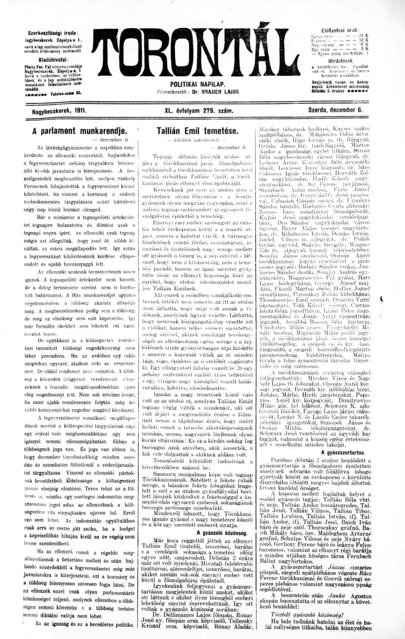 Torontál, 40. évf. 1911. december 6. 279. sz.