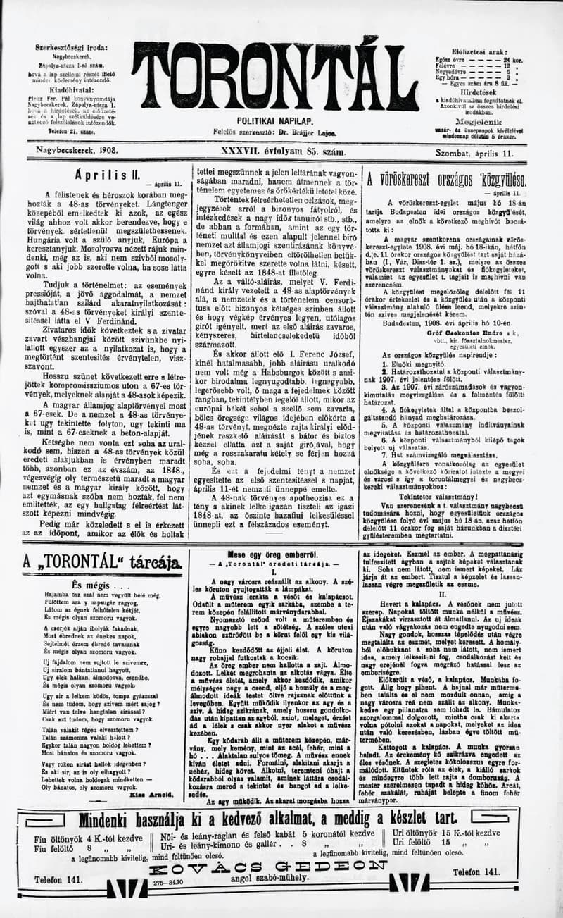 Torontál, 37. évf. 1908. április 11. 85. sz.