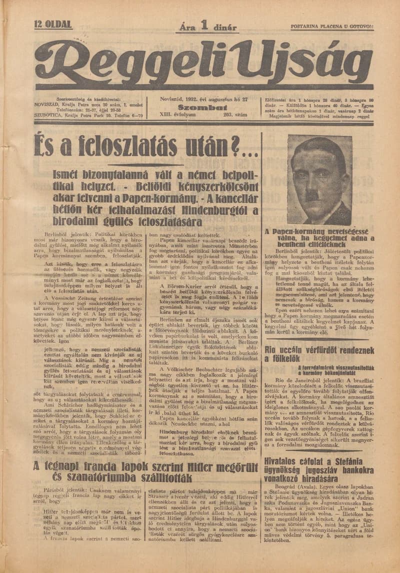 Reggeli Újság, 13. évf. 1932. augusztus 27. 303. sz.