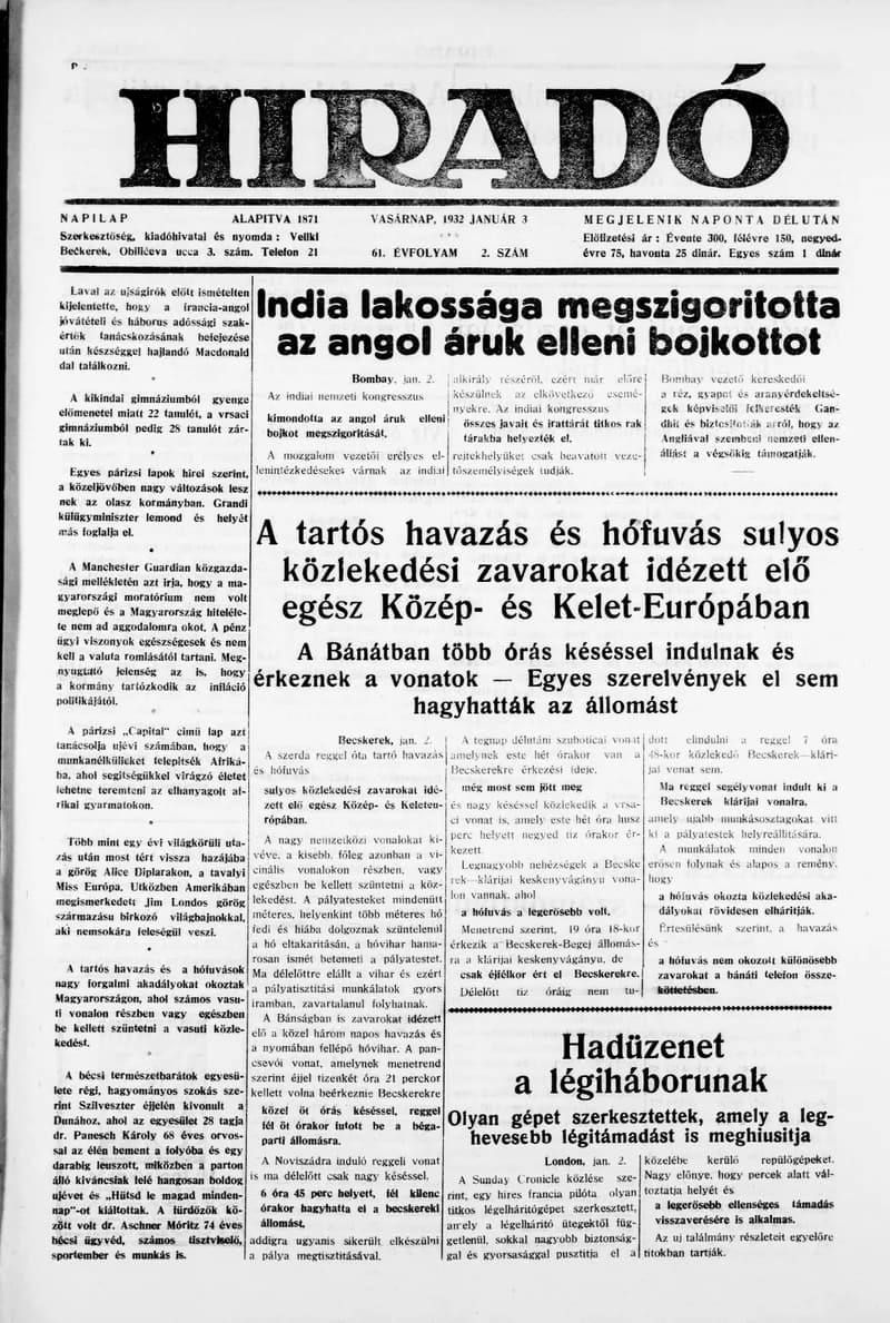 Híradó, 61. évf. 1932. január 3. 2. sz.