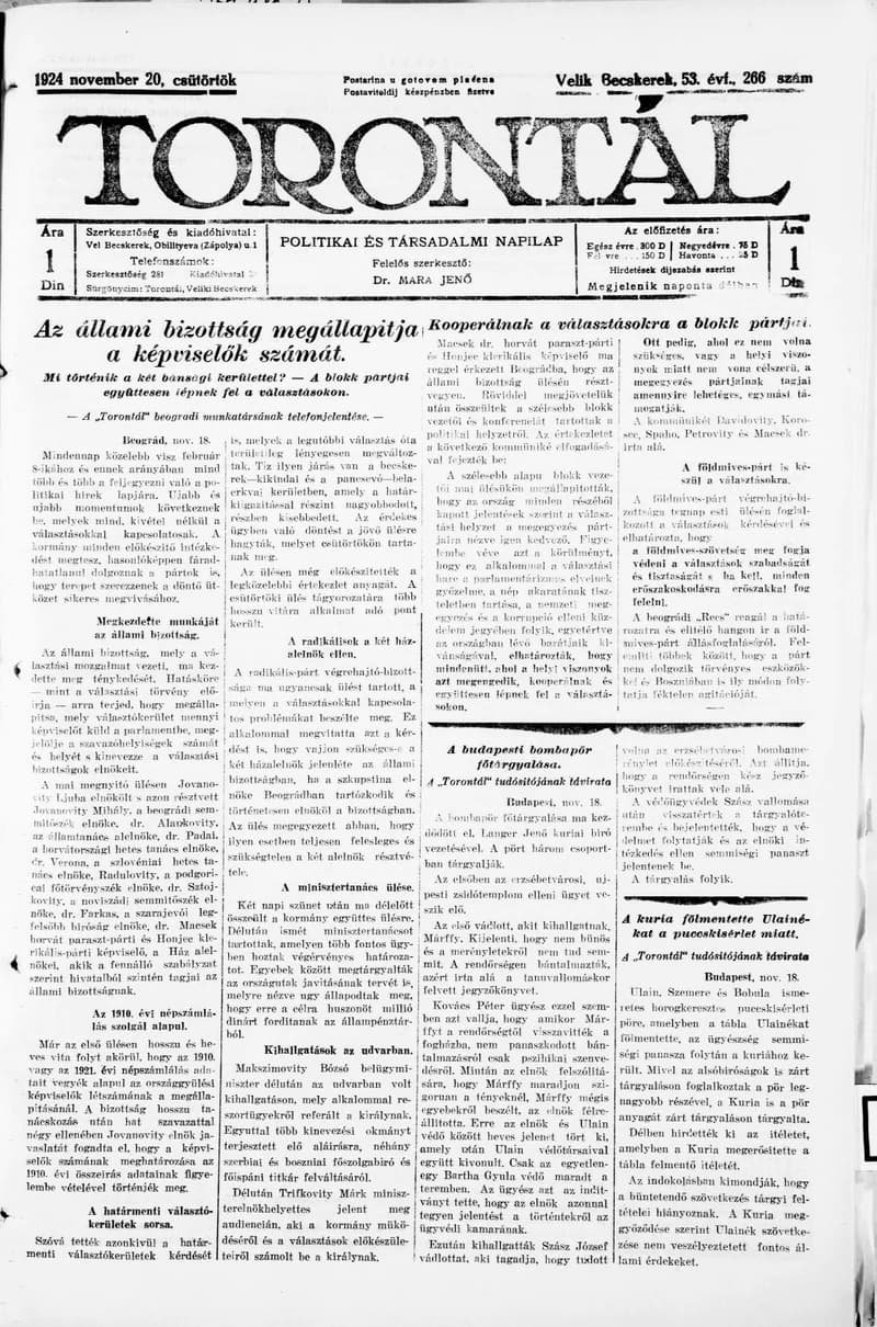 Torontál, 53. évf. 1924. november 20. 266. sz.