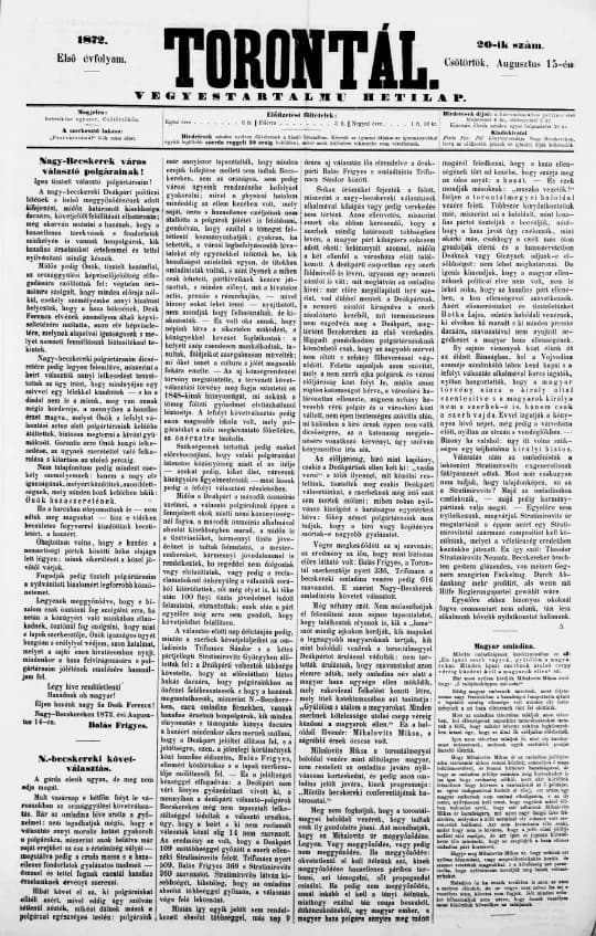 Torontál, 1. évf. 1872. augusztus 15. 20. sz.