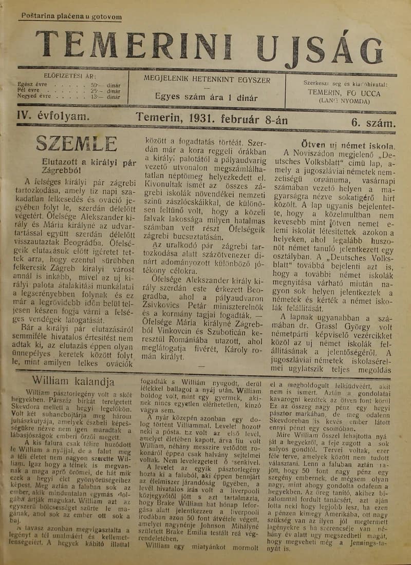Temerini Újság 1928-1944, 4. évf. 1931. február 8. 6. sz.
