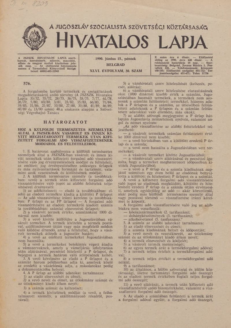 A Jugoszláv Szocialista Szövetségi Köztársaság Hivatalos Lapja, 46. évf. 1990. június 15. 30. sz. 1037–1056. oldal