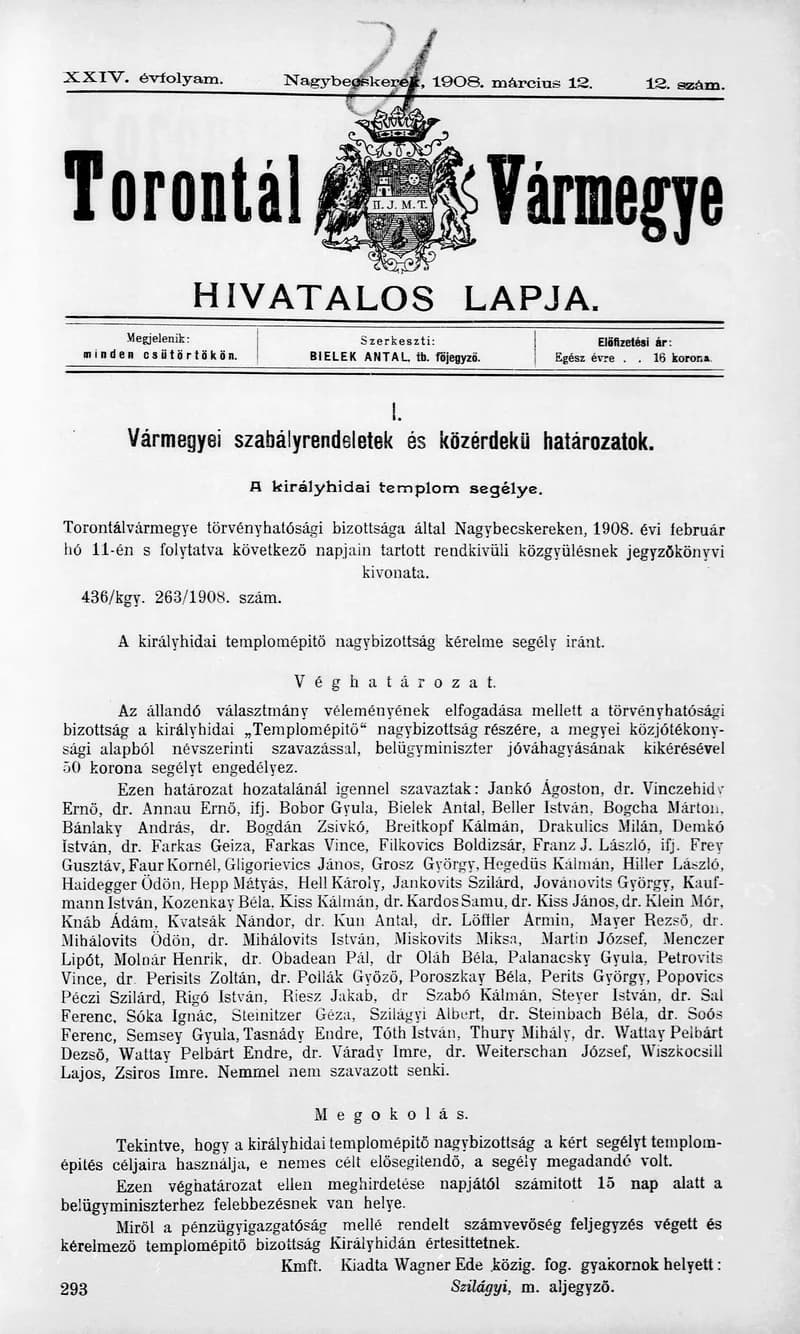 Torontál Vármegye Hivatalos Lapja, 24. évf. 1908. március 12. 12. sz.
