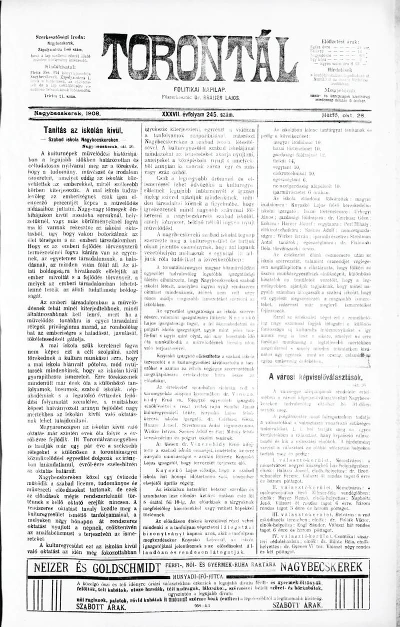 Torontál, 37. évf. 1908. október 26. 245. sz.