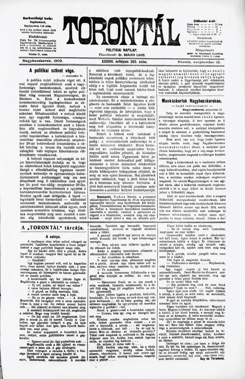 Torontál, 38. évf. 1909. szeptember 10. 205. sz.
