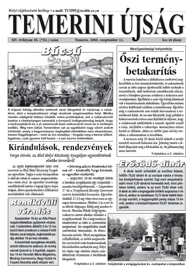 Temerini Újság, 14. évf. 2008. szeptember 11. 36. sz.