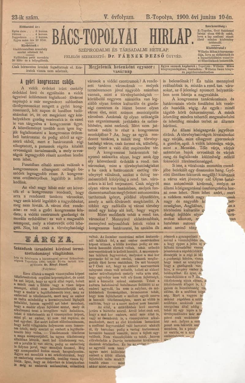 Bács-Topolyai Hirlap, 5. évf. 1900. június 10. 23. sz.
