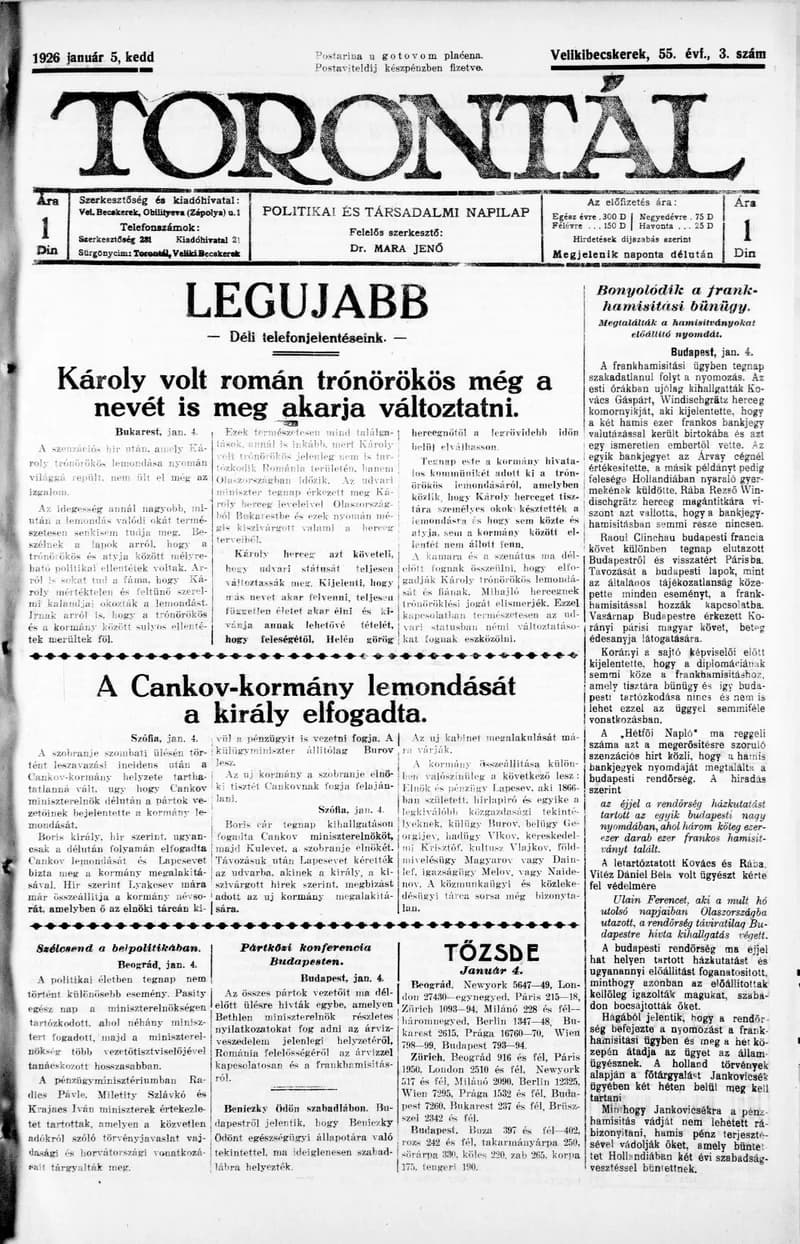 Torontál, 55. évf. 1926. január 5. 3. sz.
