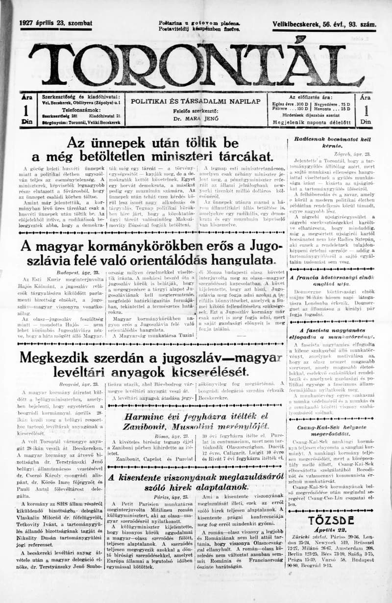 Torontál, 56. évf. 1927. április 23. 93. sz.