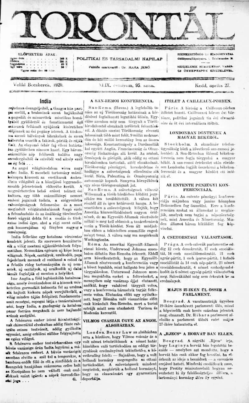 Torontál, 49. évf. 1920. április 27. 95. sz.