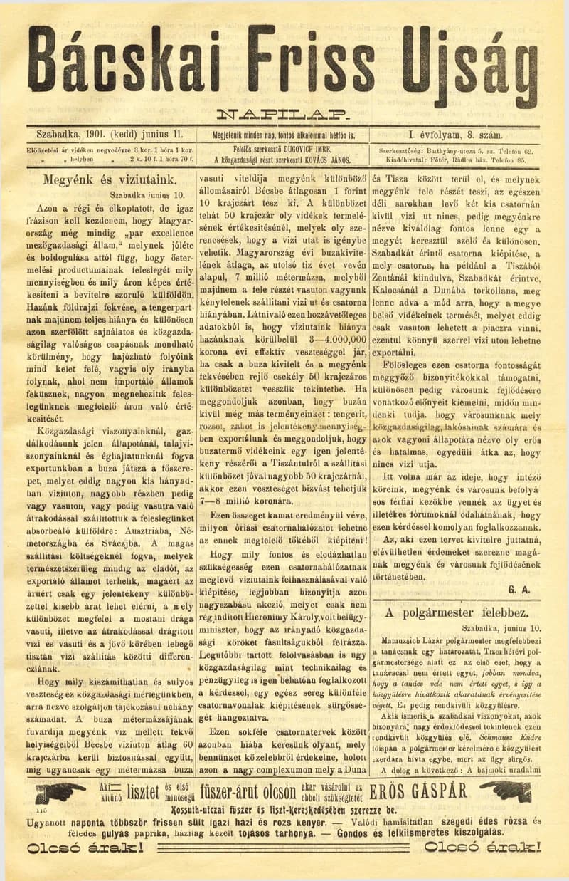 Bácskai Friss Ujság, 1. évf. 1901. június 11. 8. sz.