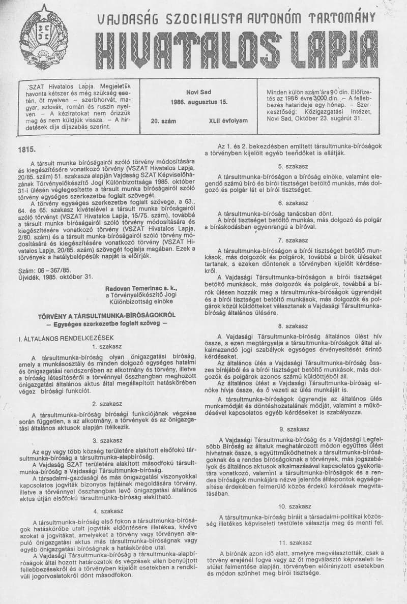Vajdaság Szocialista Autonóm Tartomány Hivatalos Lapja, 42. évf. 1986. augusztus 20. 20. sz.