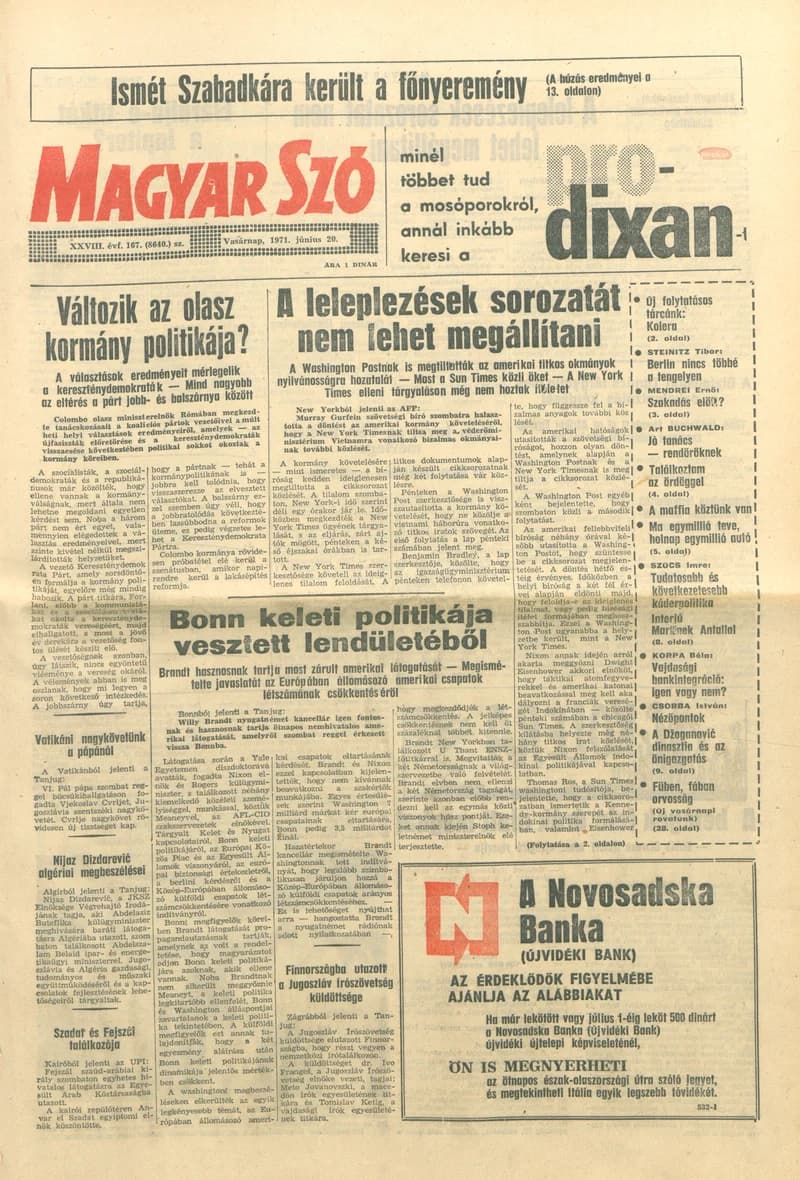 Magyar Szó, 28. évf. 1971. június 20. 167. sz. 1–32. oldal