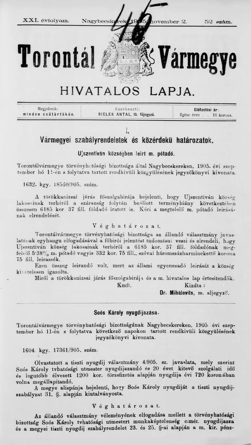 Torontál Vármegye Hivatalos Lapja, 21. évf. 1905. november 2. 52. sz.