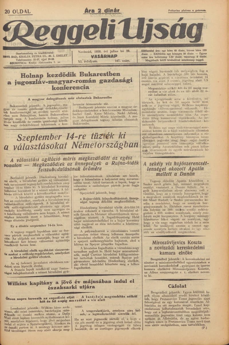 Reggeli Újság, 11. évf. 1930. július 20. 167. sz.