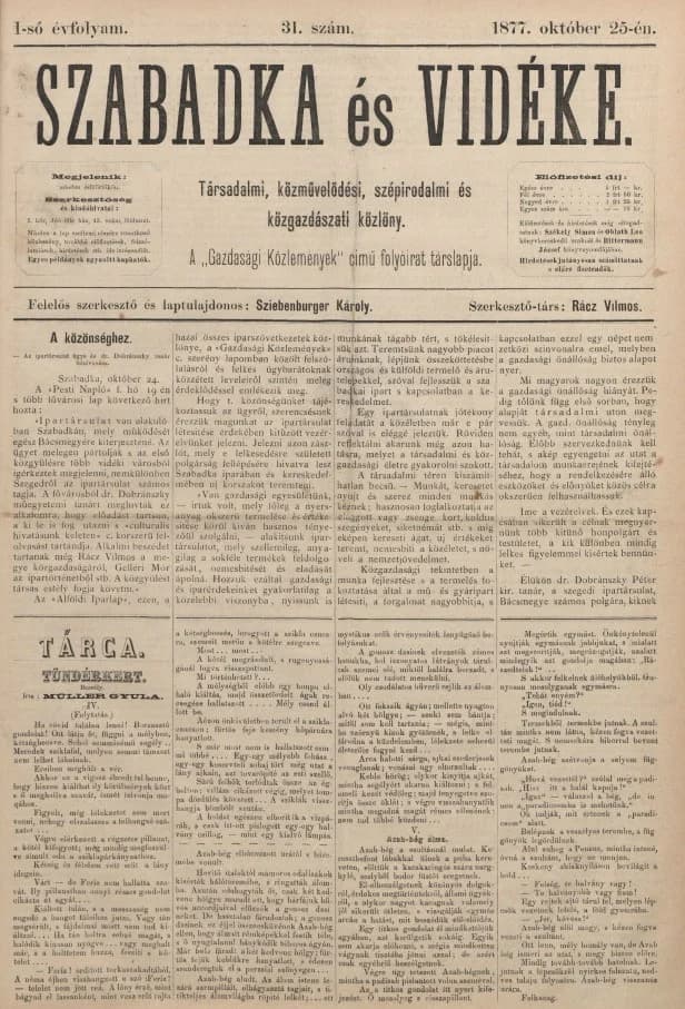 Szabadka és vidéke, 1. évf. 1877. október 25. 31. sz.