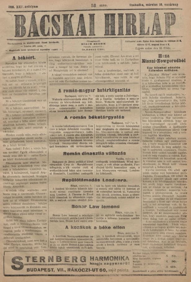 Bácskai Hirlap, 22. évf. 1918. március 10. 58. sz.
