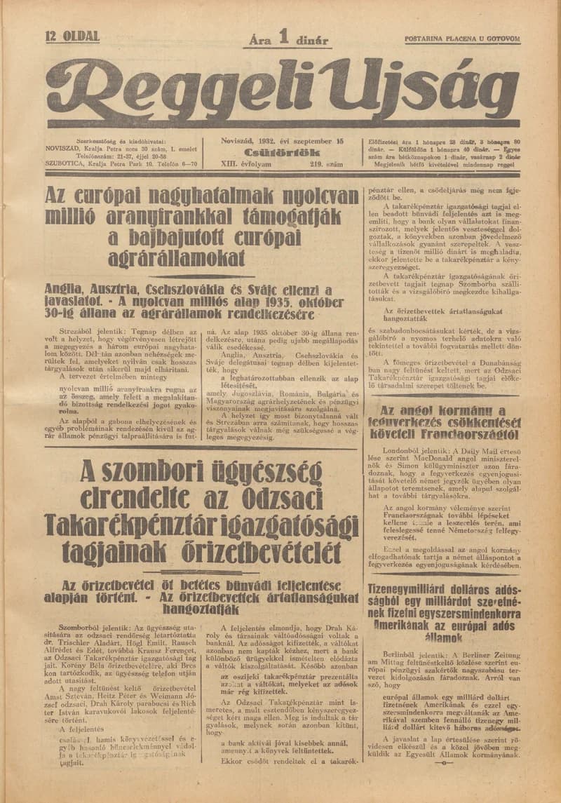 Reggeli Újság, 13. évf. 1932. szeptember 15. 219. sz.