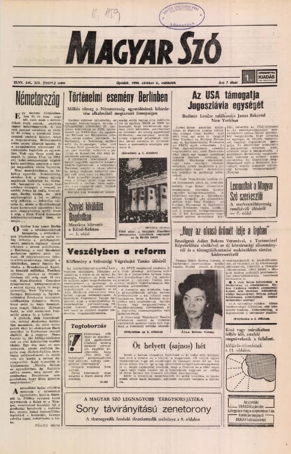 Magyar Szó, 47. évf. 1990. október 4. 273. sz. 1–16. oldal