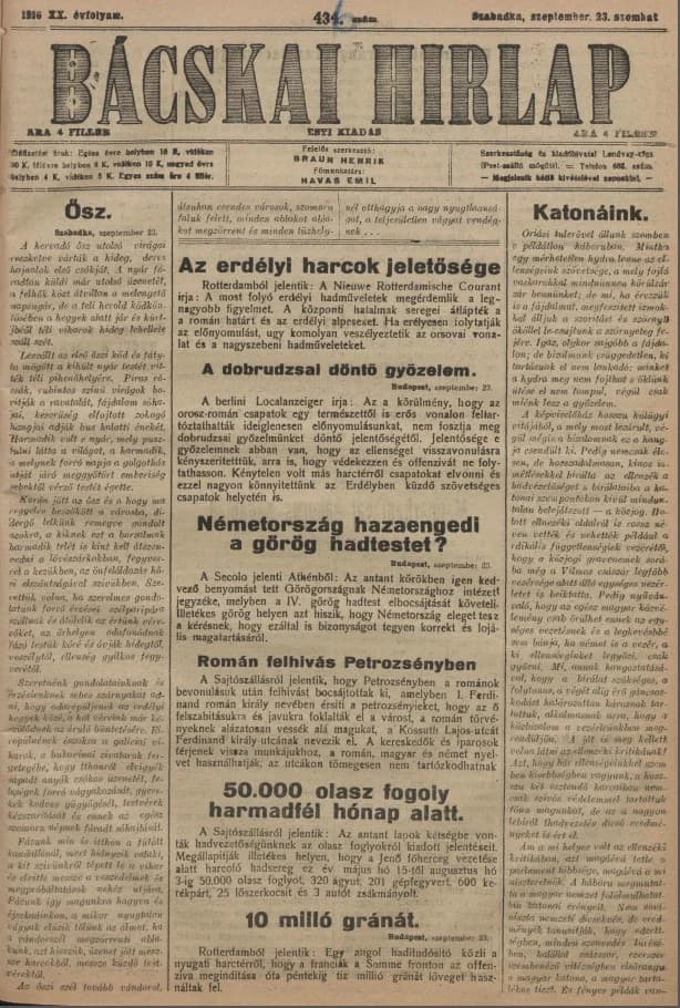 Bácskai Hirlap, 20. évf. 1916. szeptember 23. 436. sz.