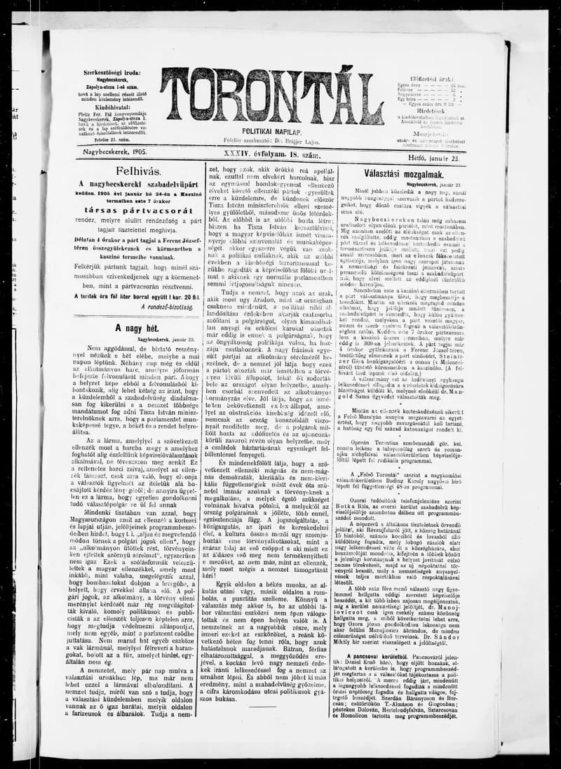 Torontál, 34. évf. 1905. január 23. 18. sz.