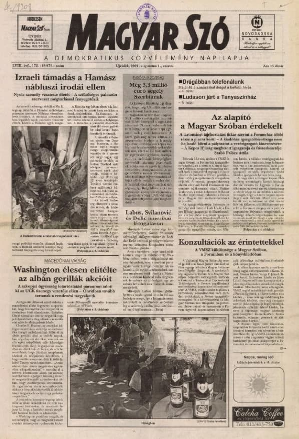 Magyar Szó, 58. évf. 2001. augusztus 1. 172. sz. 1–16. oldal