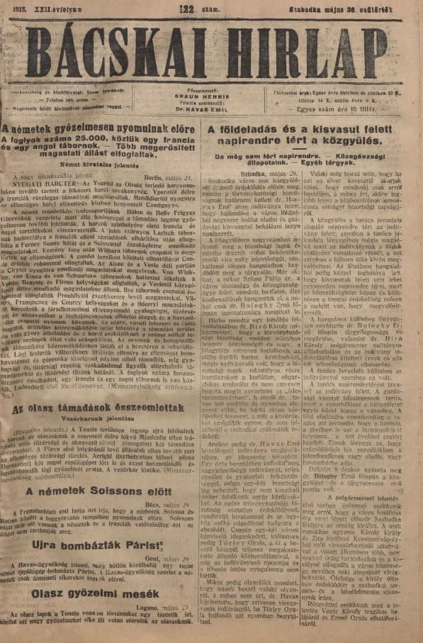 Bácskai Hirlap, 22. évf. 1918. május 30. 122. sz.