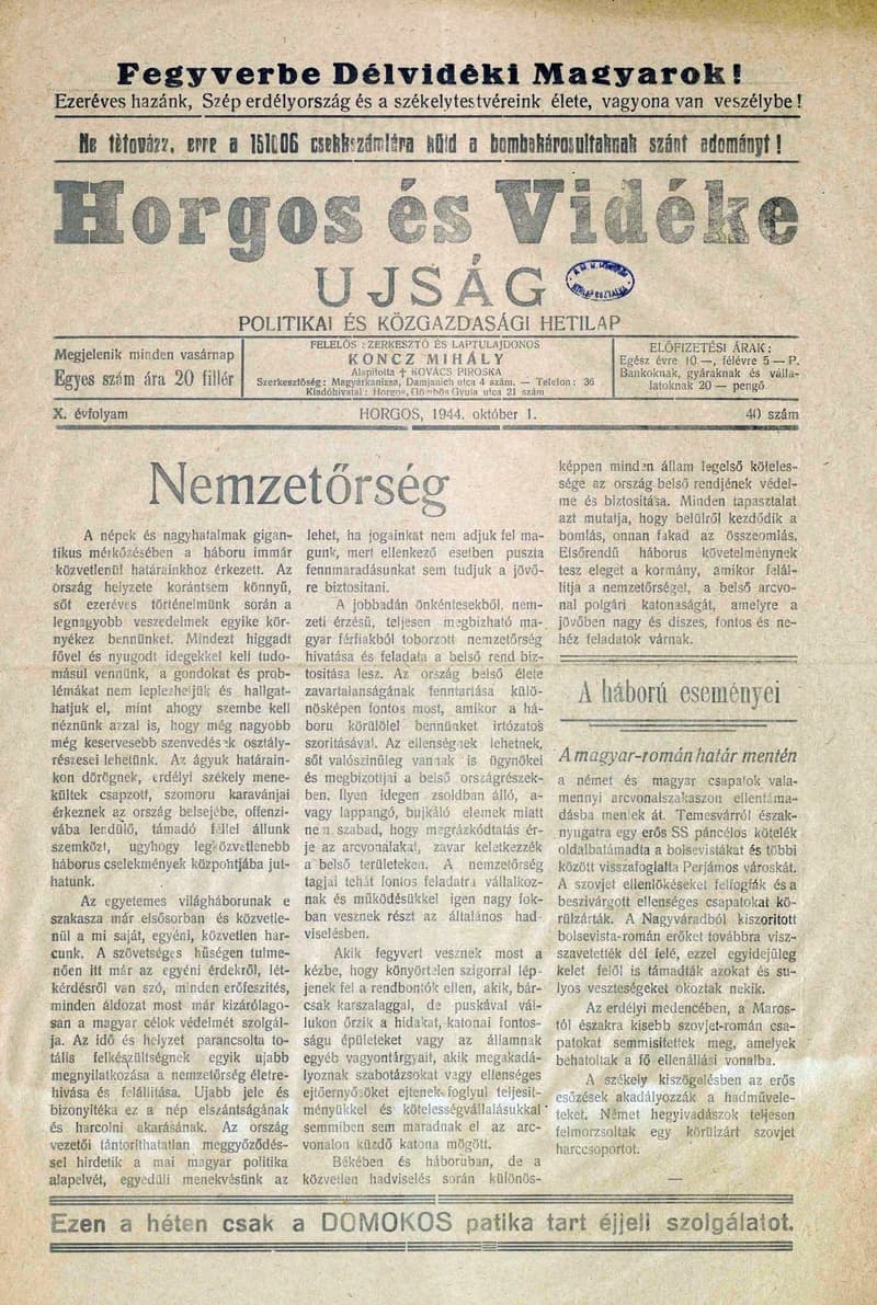 Horgos és vidéke, 9. évf. 1944. október 1. 40. sz.