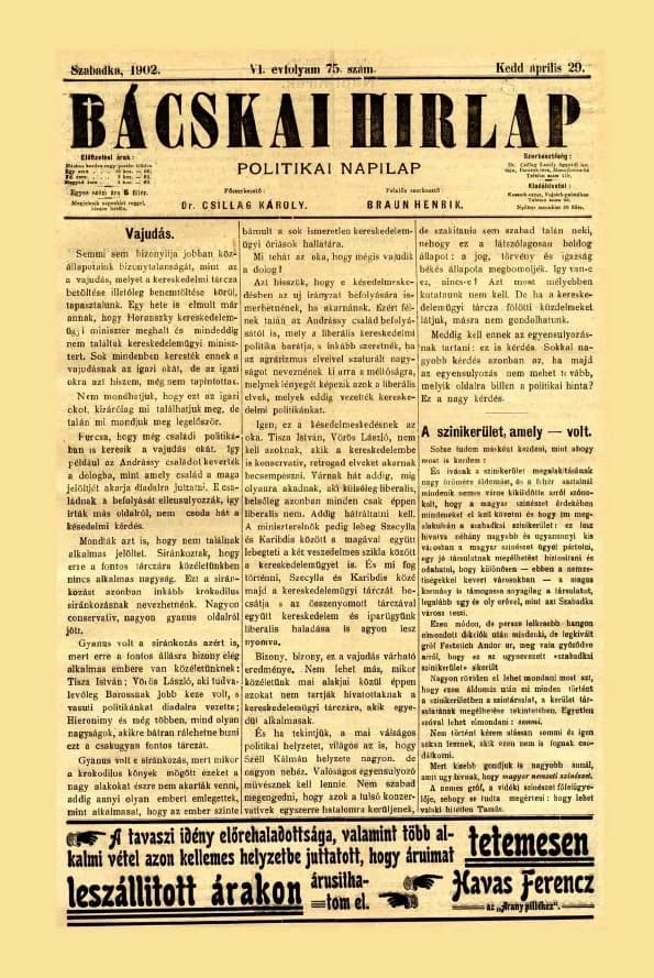 Bácskai Hirlap, 6. évf. 1902. április 29. 75. sz.