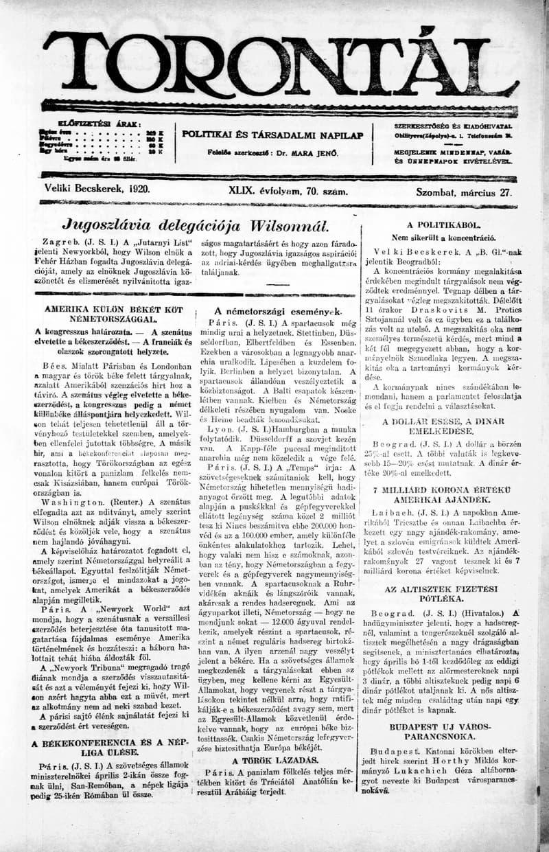 Torontál, 49. évf. 1920. március 27. 70. sz.