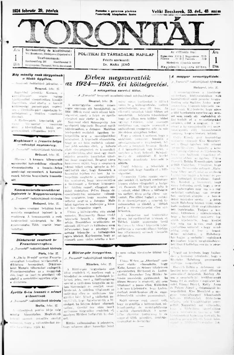 Torontál, 53. évf. 1924. február 29. 48. sz.