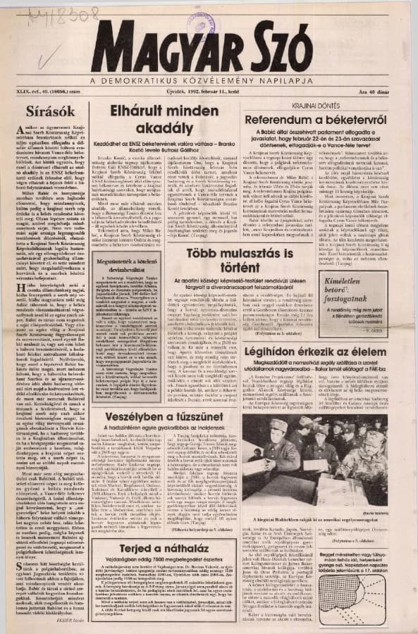 Magyar Szó, 49. évf. 1992. február 11. 40. sz. 1–20. oldal