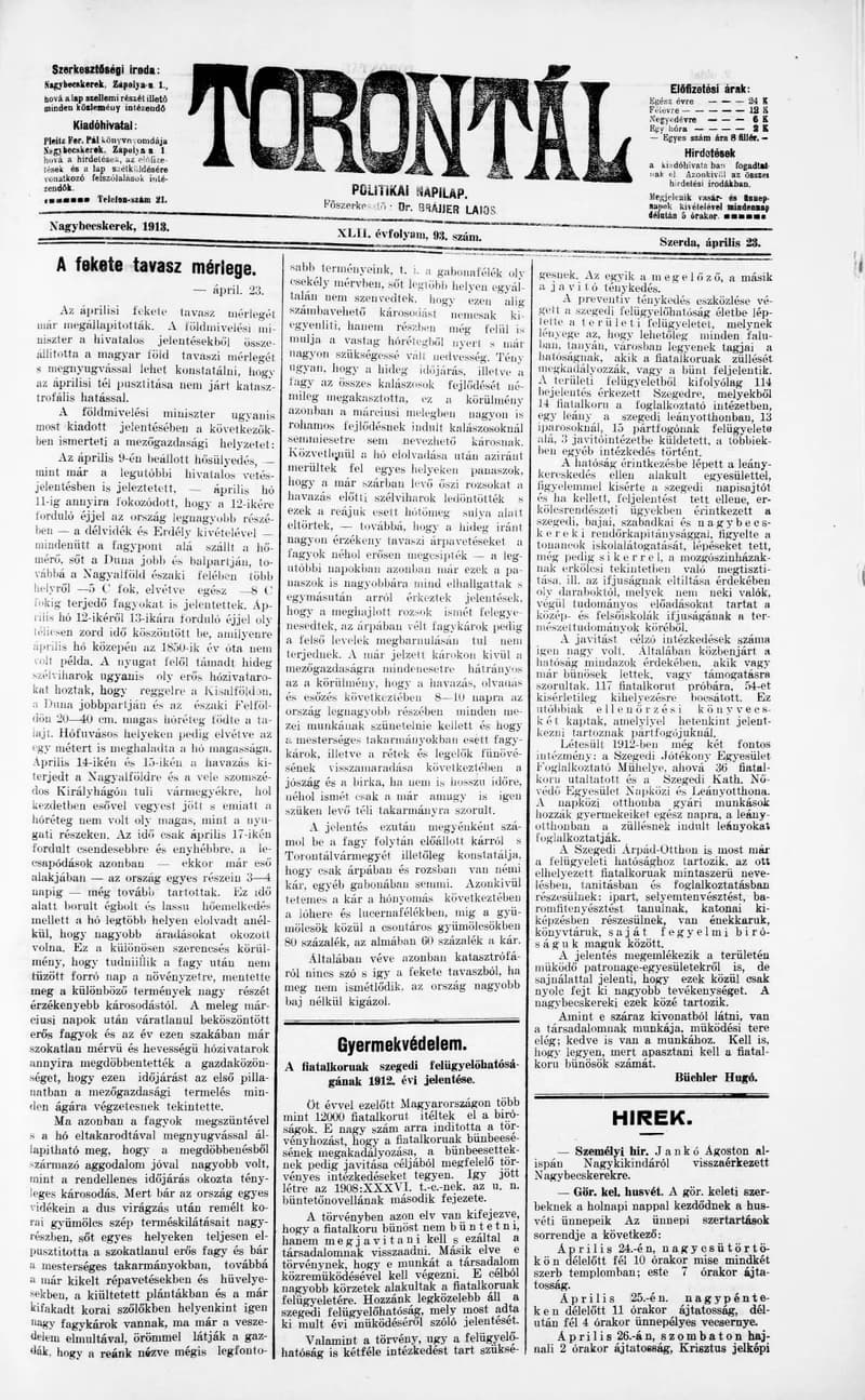 Torontál, 42. évf. 1913. április 23. 93. sz.