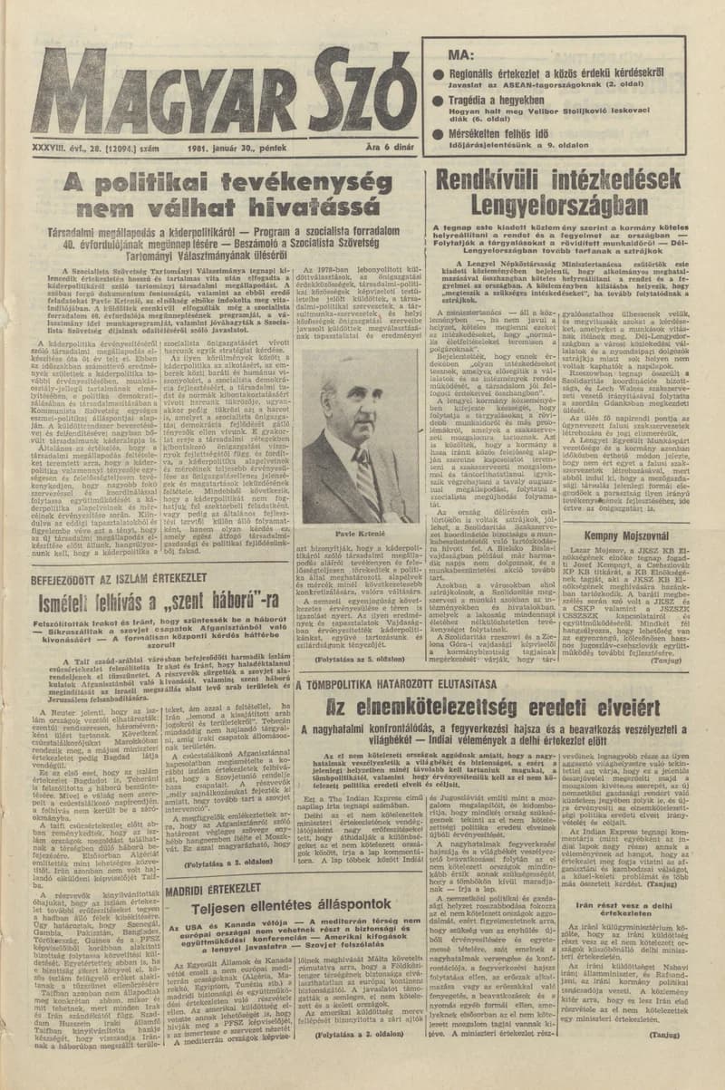 Magyar Szó, 38. évf. 1981. január 30. 28. sz. 1–20. oldal