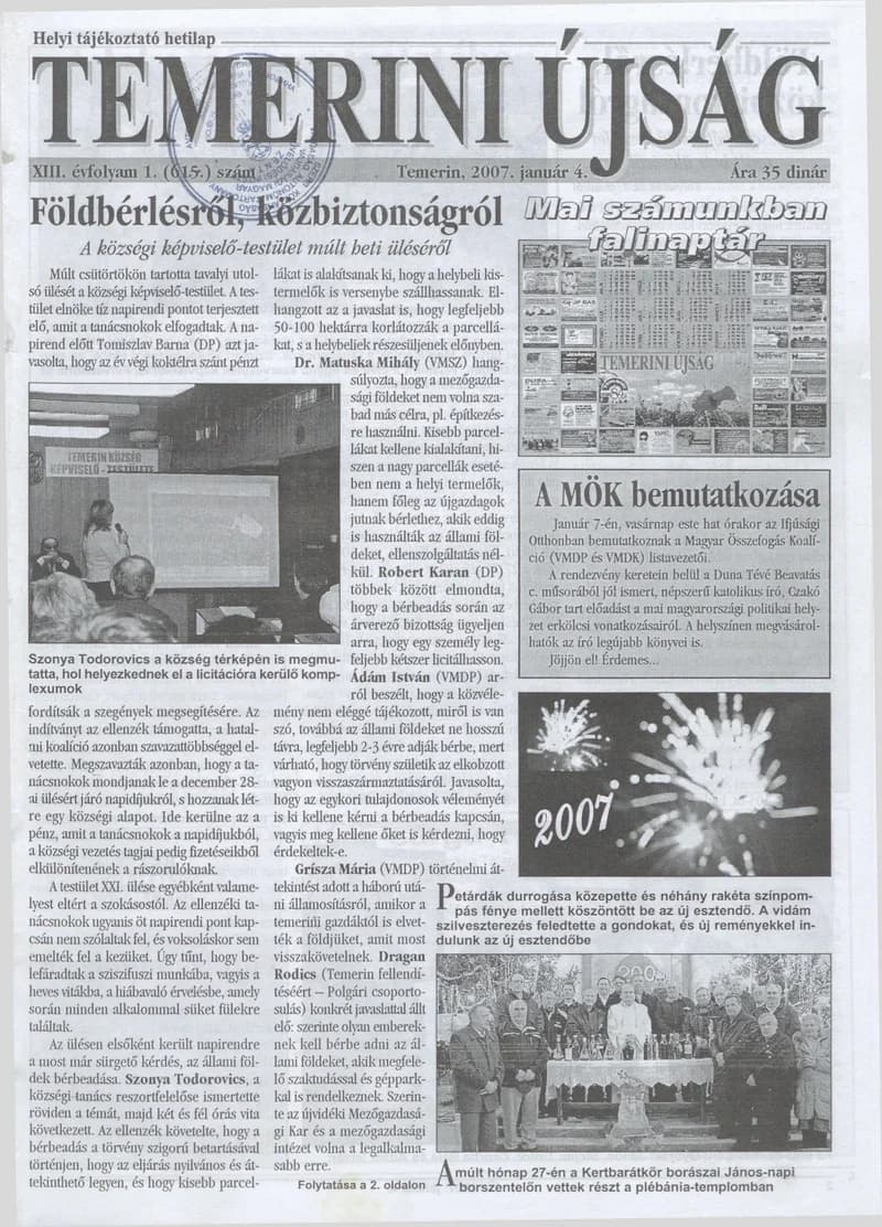 Temerini Újság, 13. évf. 2007. január 4. 1. sz.