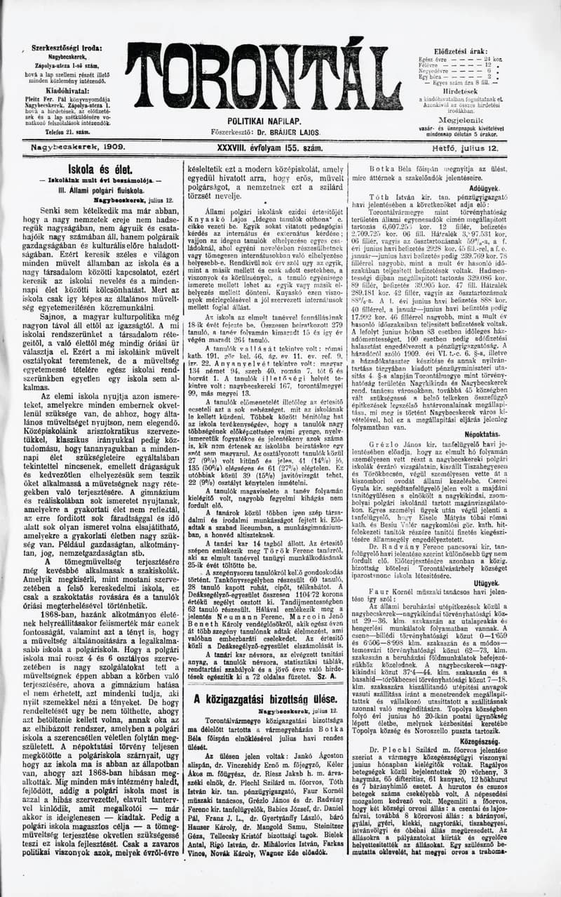 Torontál, 38. évf. 1909. július 12. 155. sz.