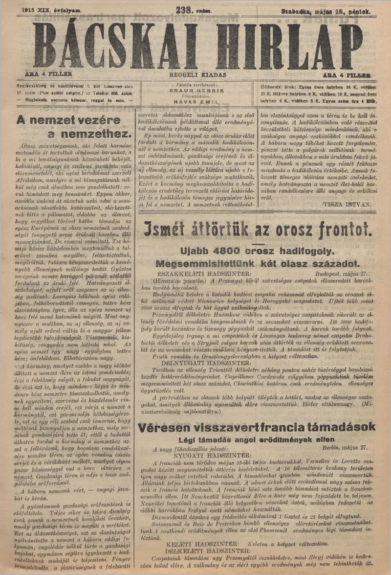 Bácskai Hirlap, 19. évf. 1915. május 28. 238. sz.