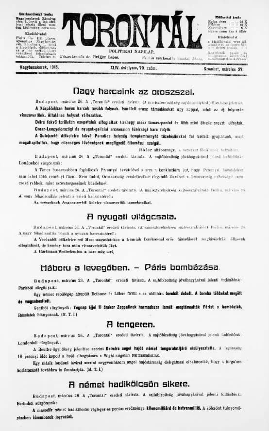 Torontál, 44. évf. 1915. március 27. 70. sz.