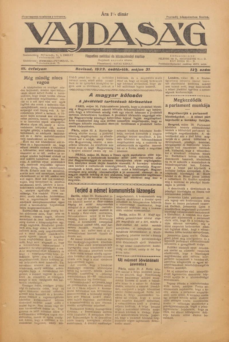 Vajdaság, 3. évf. 1923. május 31. 122. sz.