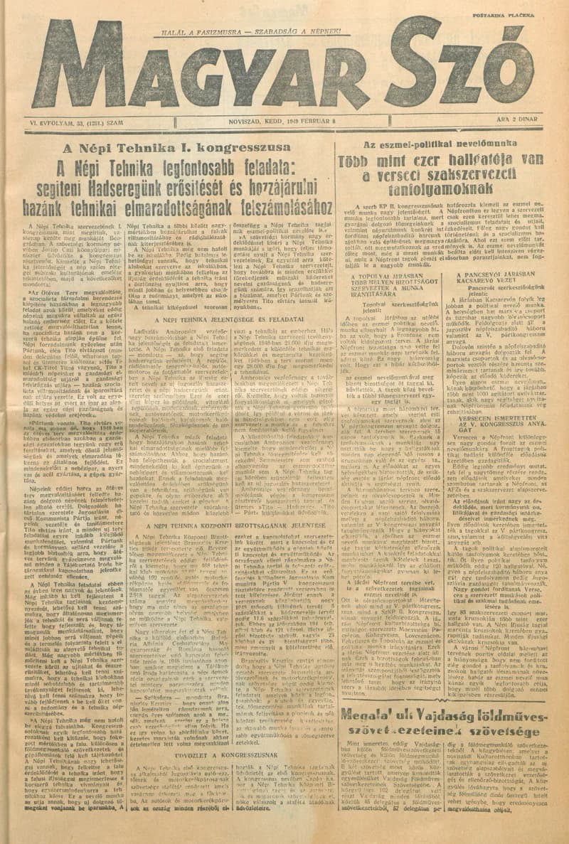 Magyar Szó, 6. évf. 1949. február 8. 33. sz. 1–4. oldal