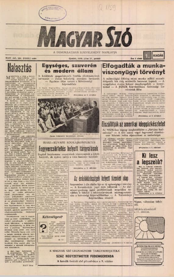 Magyar Szó, 47. évf. 1990. július 27. 204. sz. 1–20. oldal