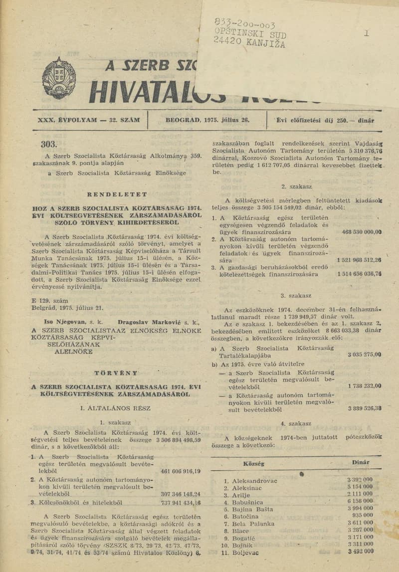 A Szerb Szocialista Köztársaság Hivatalos Közlönye, 31. évf. 1975. július 26. 32. sz. 575–666. oldal